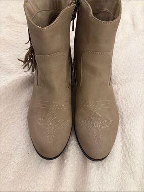 Sam & Libby Taupe Faux-Suede Fringe Ankle Boots